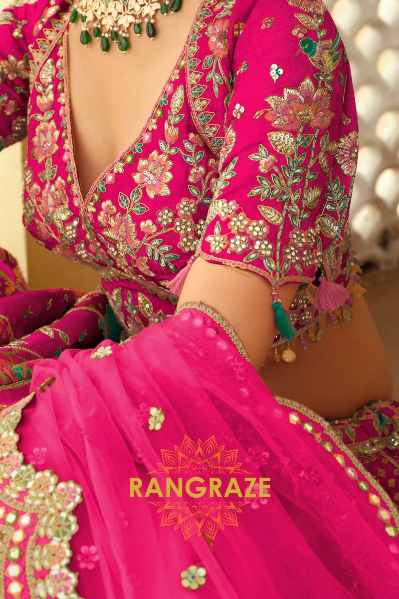 Fuchsia Floral Ready-to-Wear Embroidered Lehenga with Net Dupatta