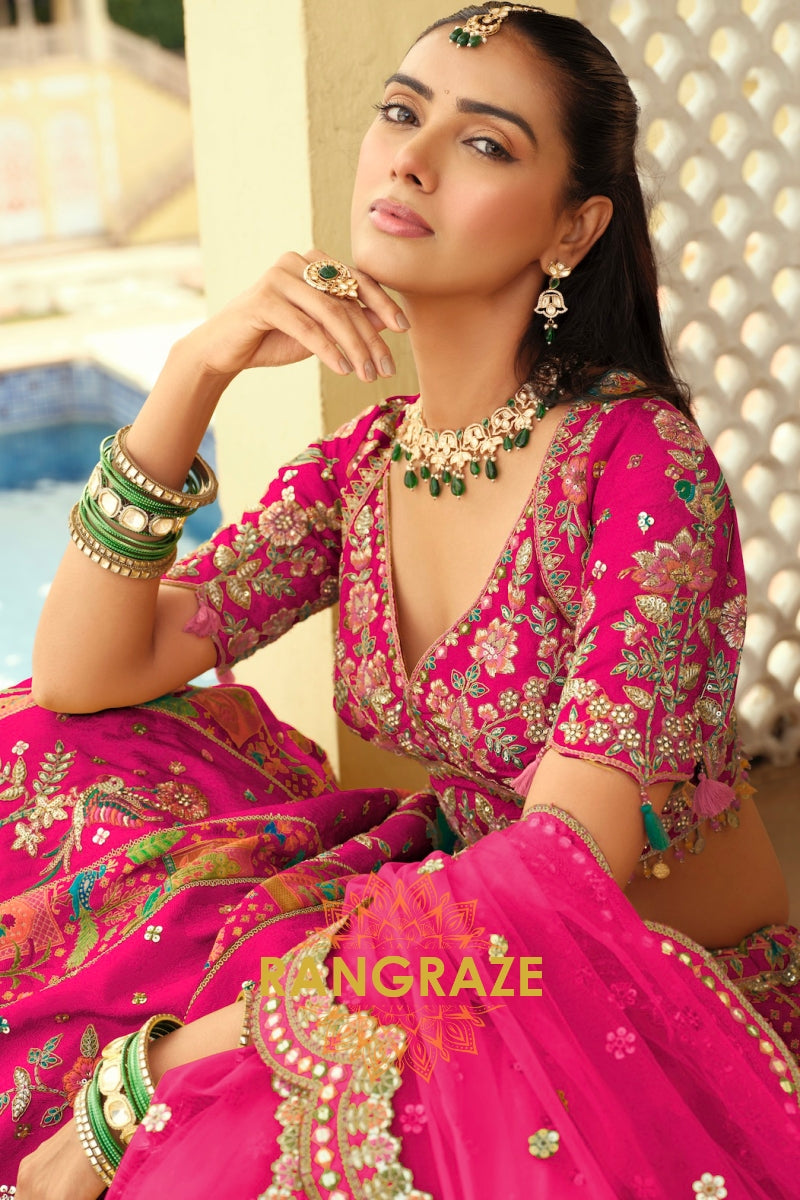 Fuchsia Floral Ready-to-Wear Embroidered Lehenga with Net Dupatta