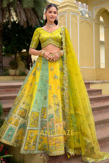 Lime Heritage Panelled Embroidered Bridal Lehenga with Traditional Motifs