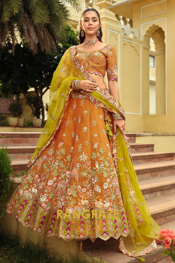 Amber Heritage Ready-to-Wear Embroidered Lehenga with Lime Net Dupatta