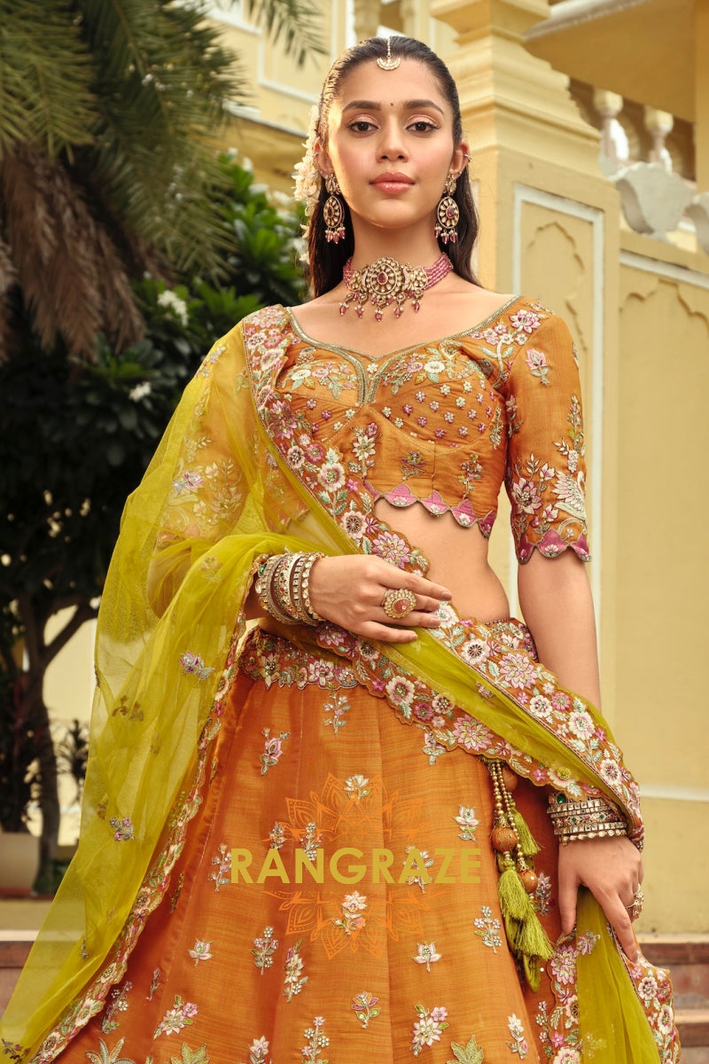 Amber Heritage Ready-to-Wear Embroidered Lehenga with Lime Net Dupatta