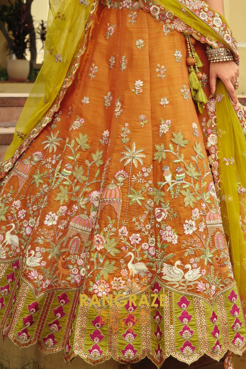 Amber Heritage Ready-to-Wear Embroidered Lehenga with Lime Net Dupatta