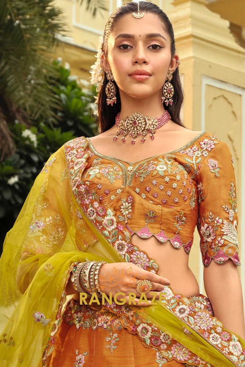 Amber Heritage Ready-to-Wear Embroidered Lehenga with Lime Net Dupatta