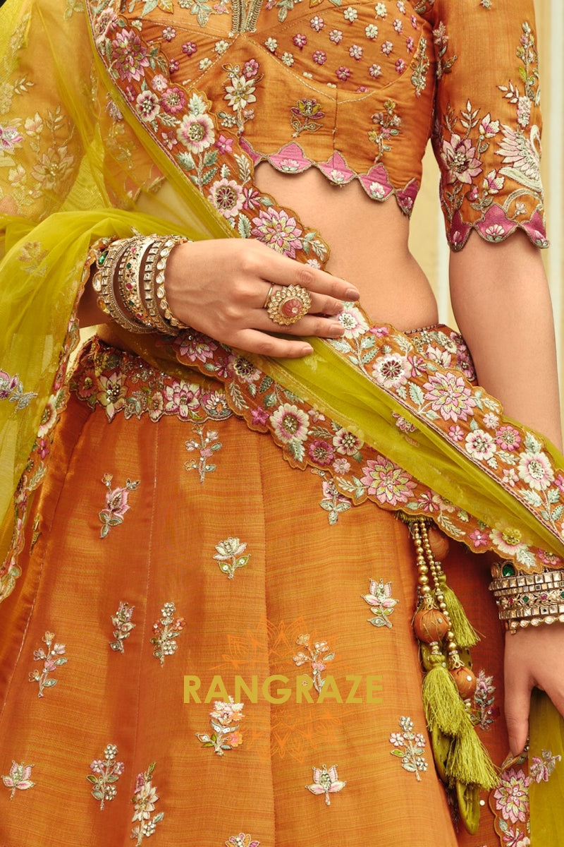 Amber Heritage Ready-to-Wear Embroidered Lehenga with Lime Net Dupatta