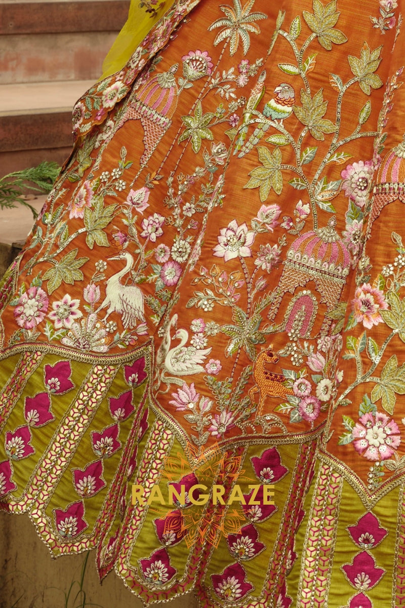 Amber Heritage Ready-to-Wear Embroidered Lehenga with Lime Net Dupatta