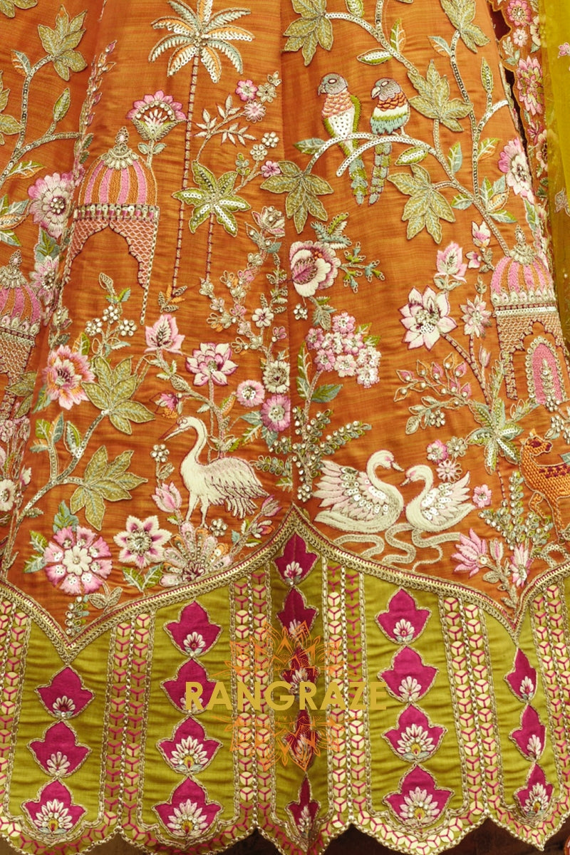 Amber Heritage Ready-to-Wear Embroidered Lehenga with Lime Net Dupatta