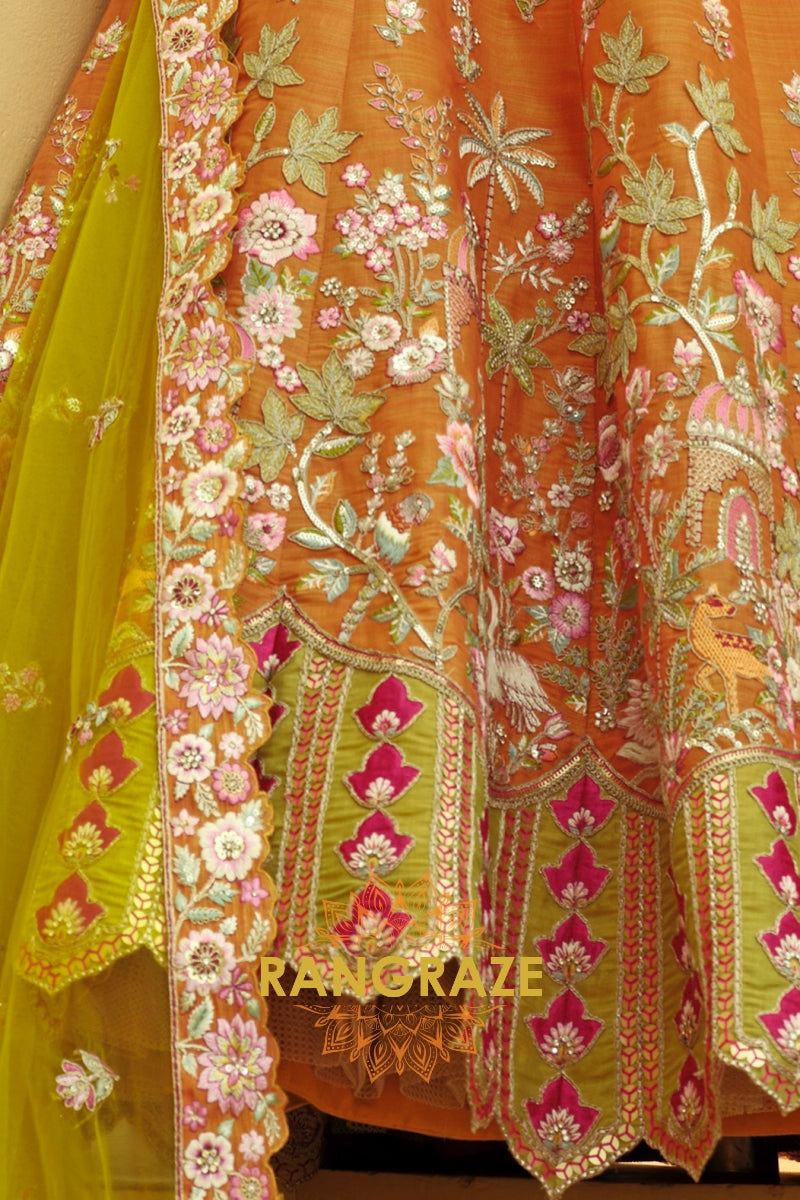 Amber Heritage Ready-to-Wear Embroidered Lehenga with Lime Net Dupatta