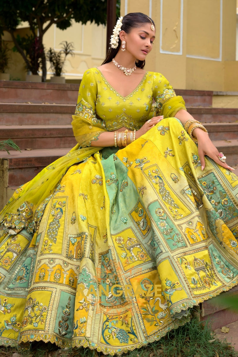 Lime Heritage Panelled Embroidered Bridal Lehenga with Traditional Motifs