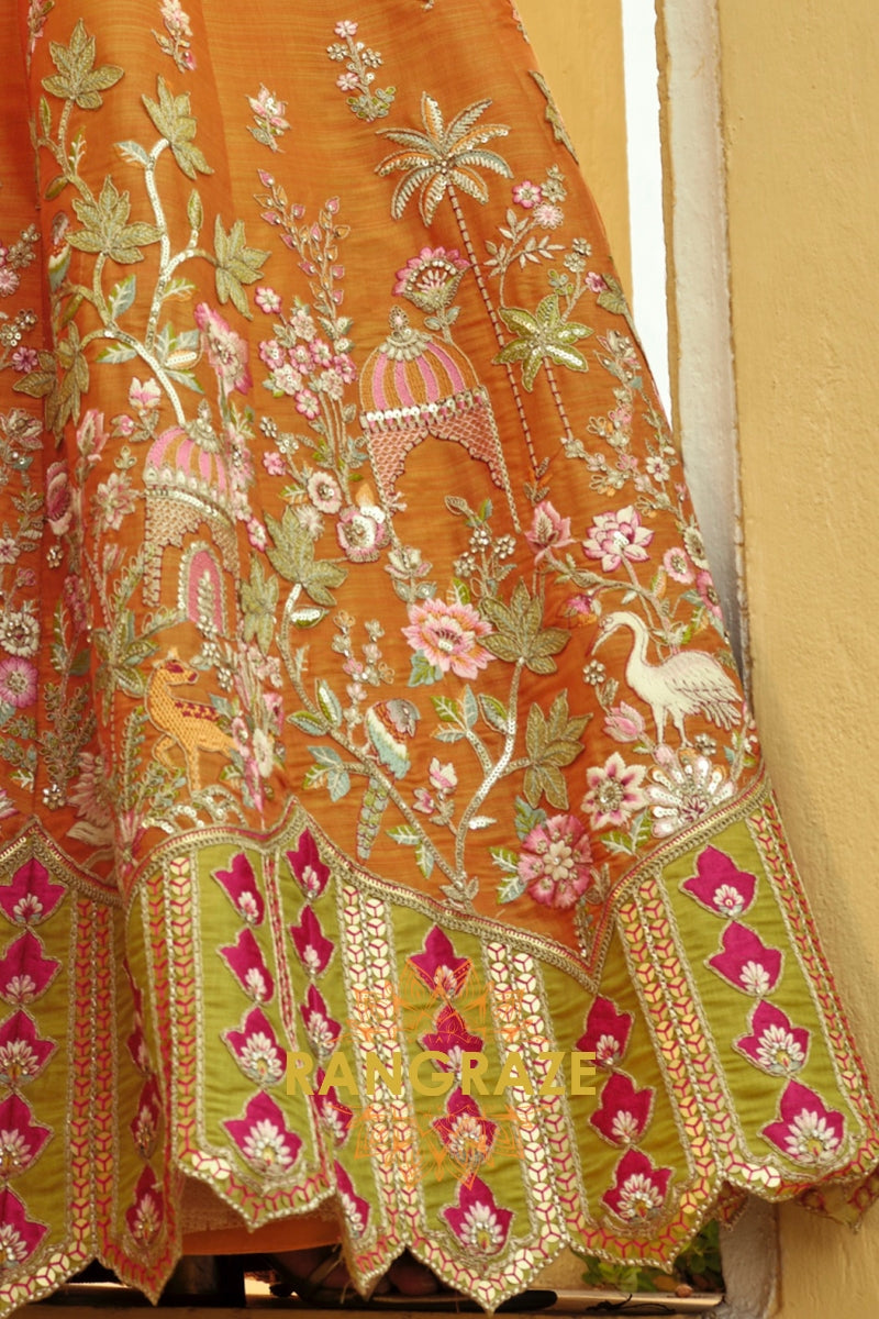 Amber Heritage Ready-to-Wear Embroidered Lehenga with Lime Net Dupatta