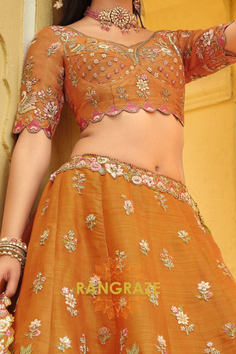 Amber Heritage Ready-to-Wear Embroidered Lehenga with Lime Net Dupatta