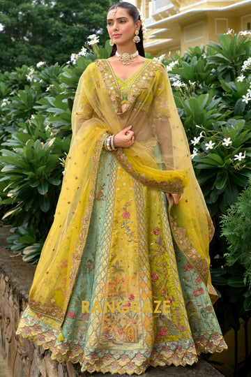 Olive Pastel Floral Embroidered Bridal Lehenga with Heritage Detailing