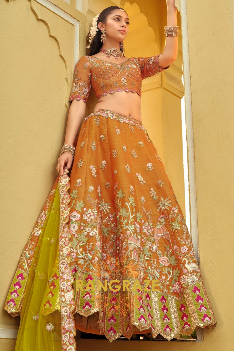 Amber Heritage Ready-to-Wear Embroidered Lehenga with Lime Net Dupatta