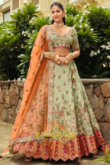 Sage Green & Peach Ready-to-Wear Floral Embroidered Lehenga with Net Dupatta