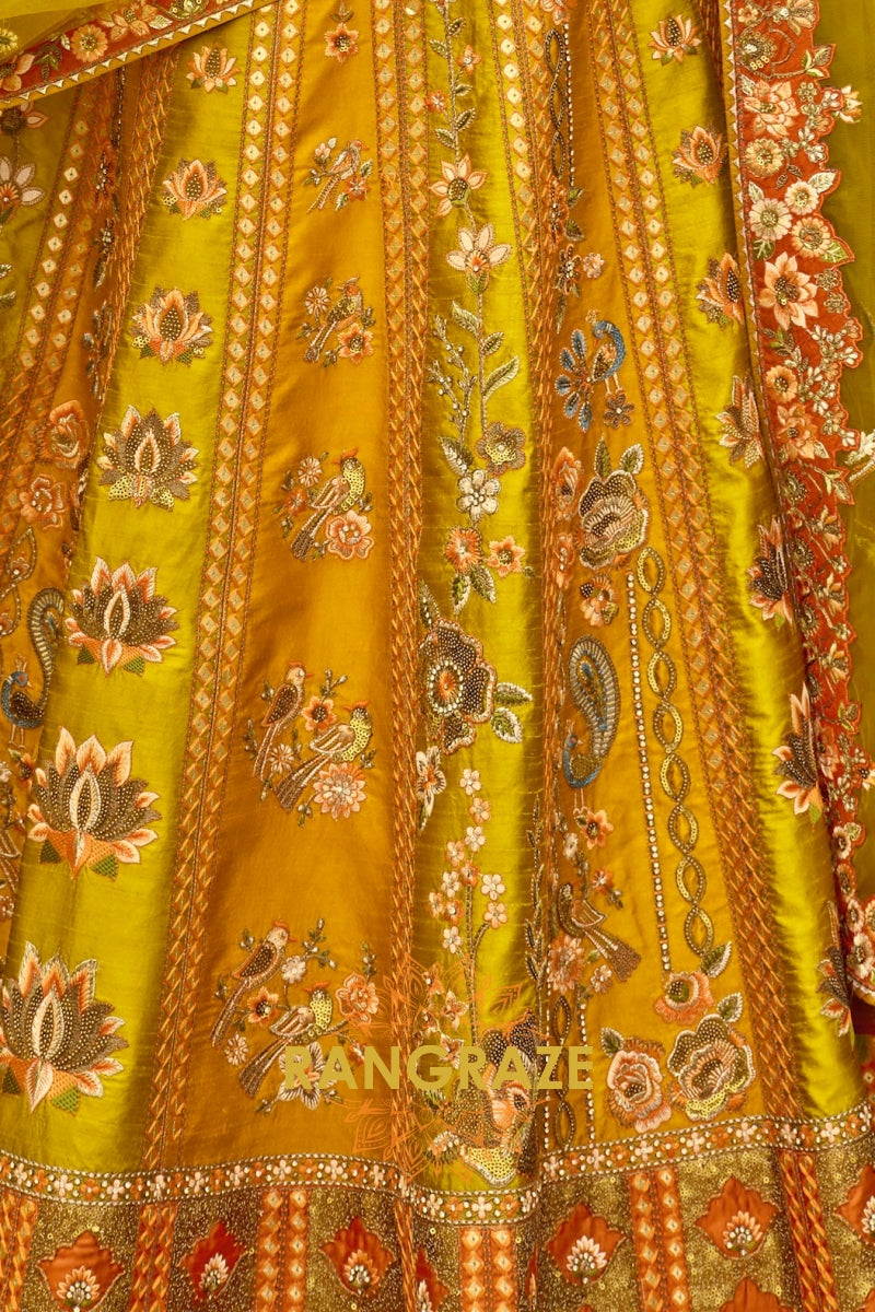 Mustard Heritage Embroidered Bridal Lehenga with Floral & Traditional Motifs