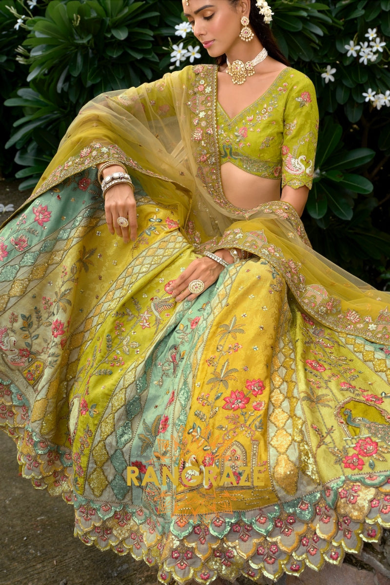 Olive Pastel Floral Embroidered Bridal Lehenga with Heritage Detailing