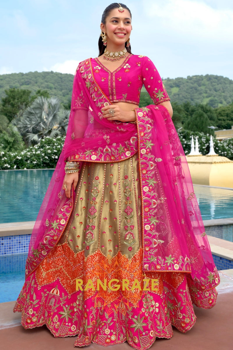 Fuchsia Royal Heritage Embroidered Bridal Lehenga with Gold Accents
