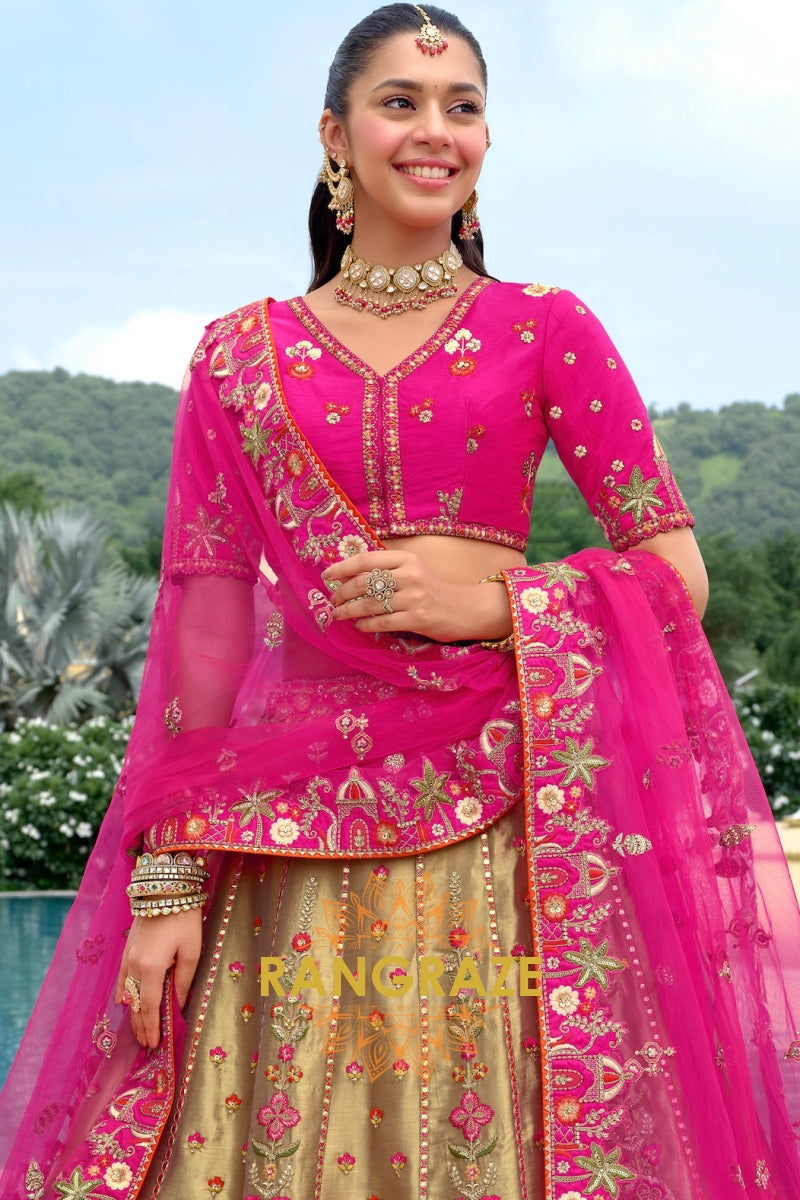 Fuchsia Royal Heritage Embroidered Bridal Lehenga with Gold Accents