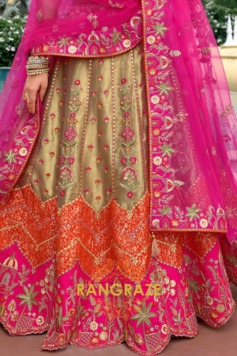 Fuchsia Royal Heritage Embroidered Bridal Lehenga with Gold Accents