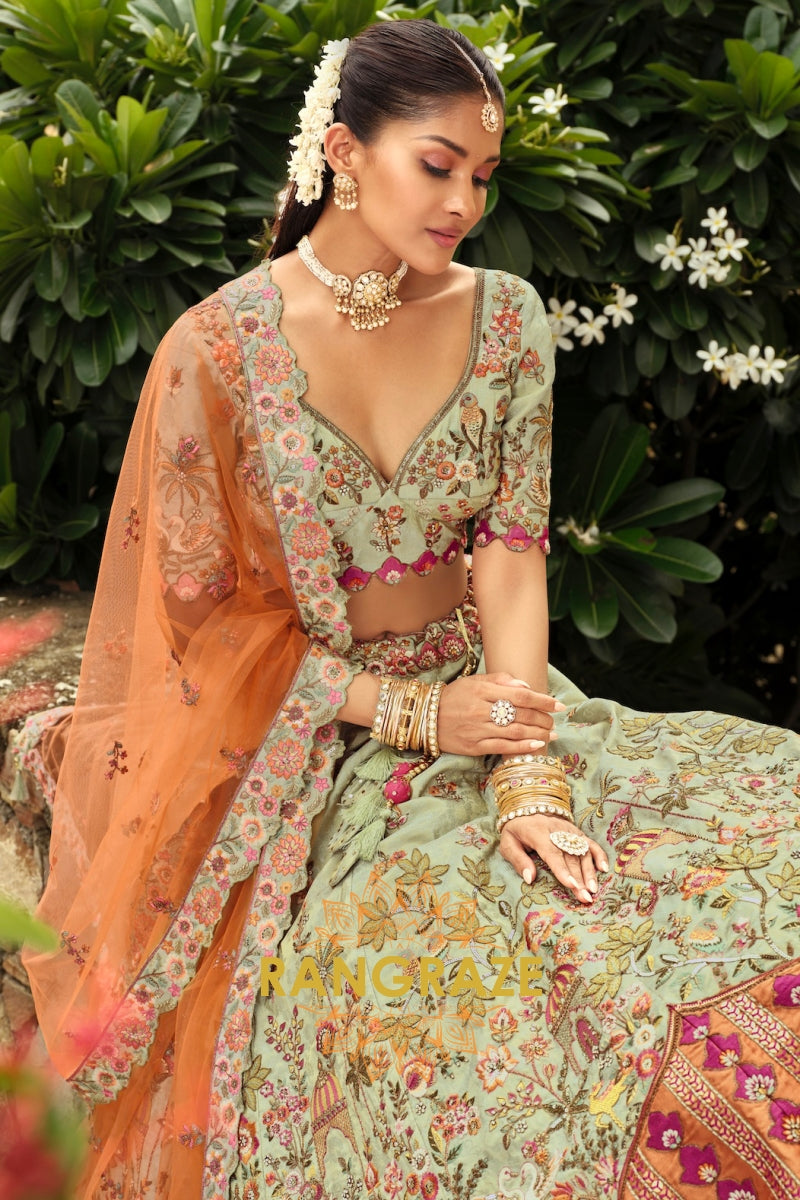 Sage Green & Peach Ready-to-Wear Floral Embroidered Lehenga with Net Dupatta