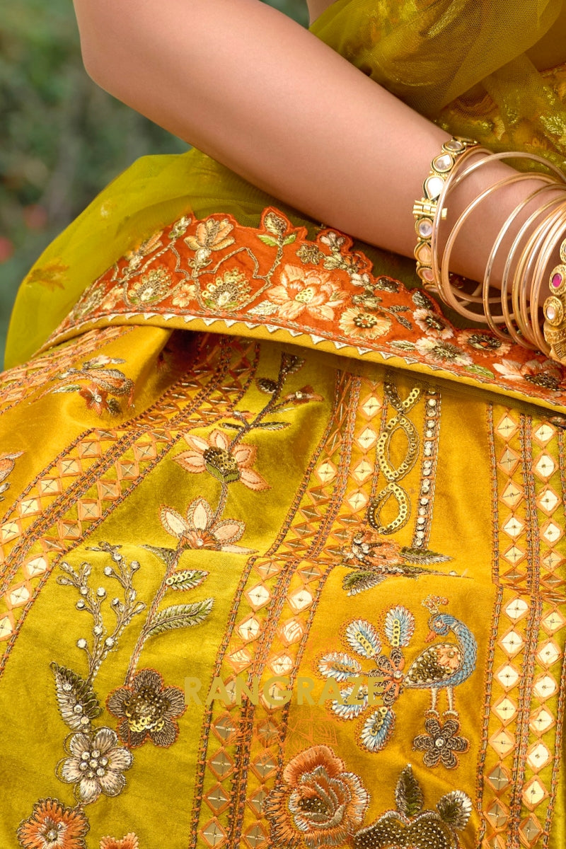 Mustard Heritage Embroidered Bridal Lehenga with Floral & Traditional Motifs