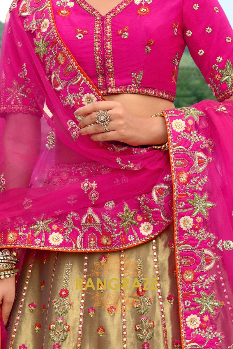 Fuchsia Royal Heritage Embroidered Bridal Lehenga with Gold Accents