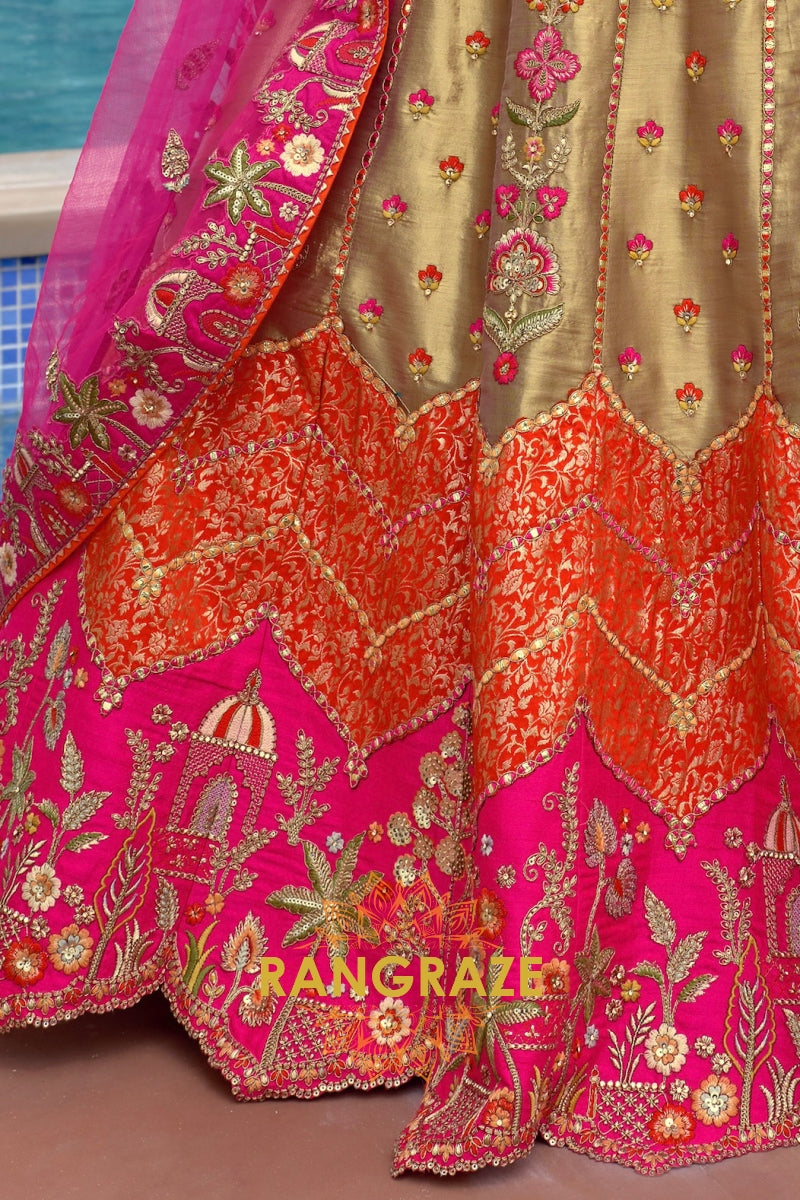 Fuchsia Royal Heritage Embroidered Bridal Lehenga with Gold Accents
