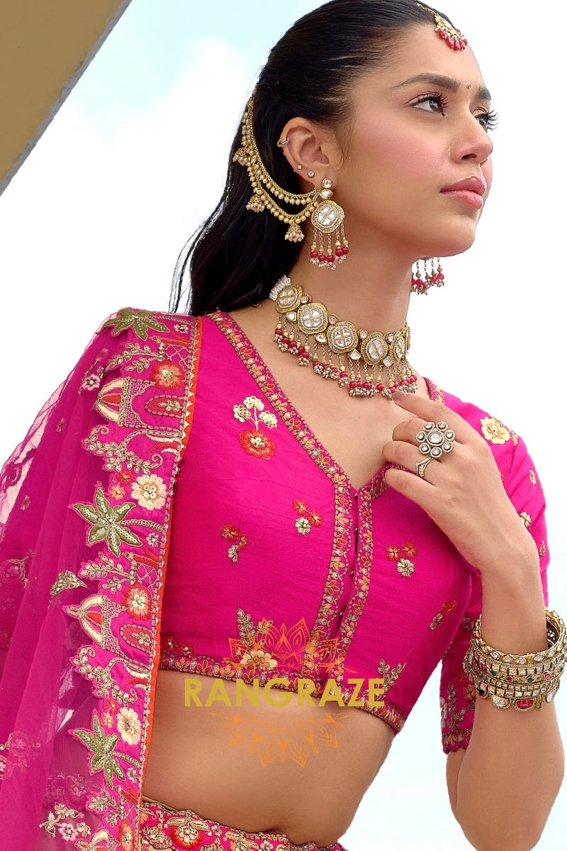 Fuchsia Royal Heritage Embroidered Bridal Lehenga with Gold Accents