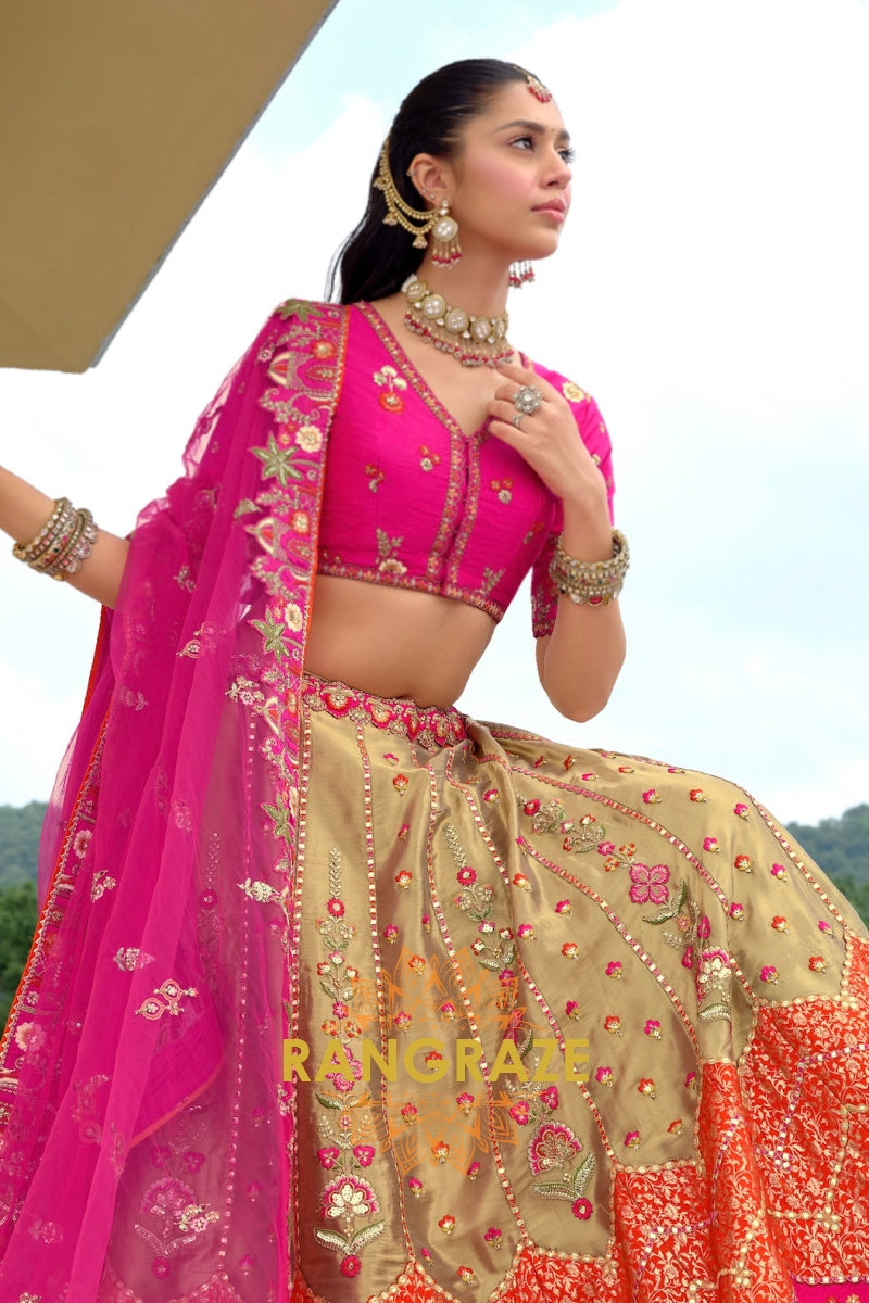 Fuchsia Royal Heritage Embroidered Bridal Lehenga with Gold Accents