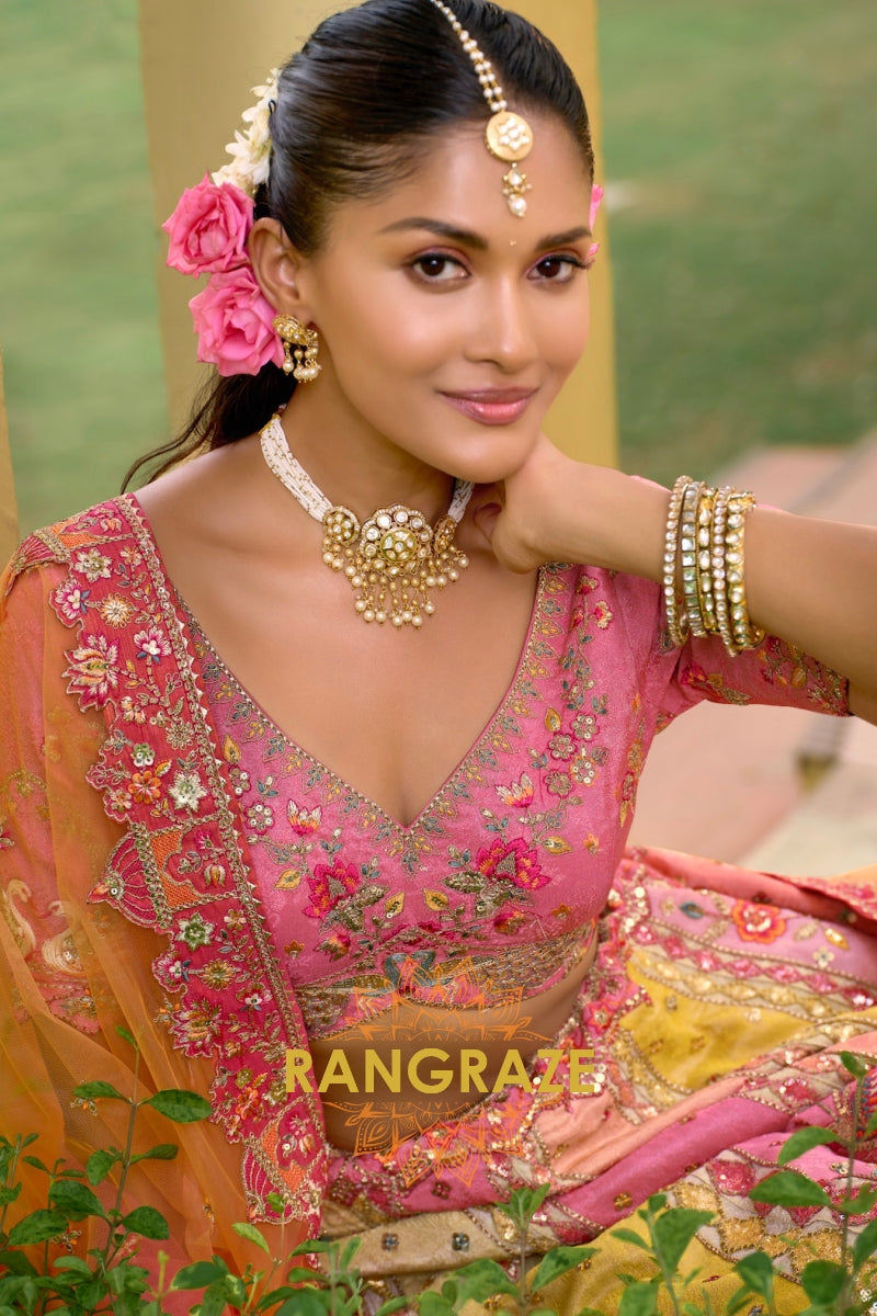 Rose Blush Panelled Embroidered Bridal Lehenga with Floral Heritage Motifs