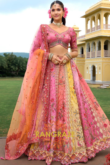 Rose Blush Panelled Embroidered Bridal Lehenga with Floral Heritage Motifs