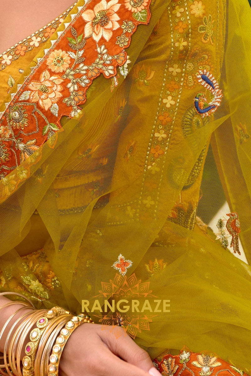 Mustard Heritage Embroidered Bridal Lehenga with Floral & Traditional Motifs