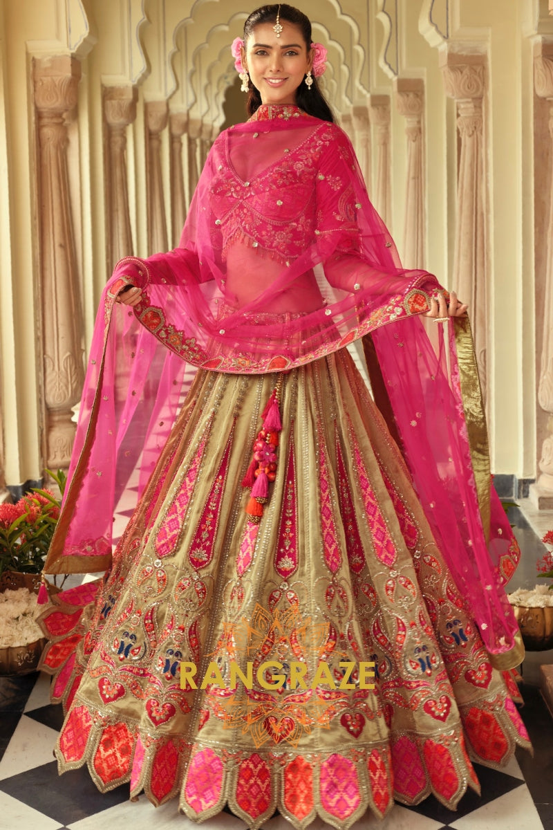 Rose Gold & Fuchsia Ready-to-Wear Embroidered Lehenga with Net Dupatta