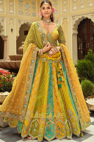 Mustard & Teal Panelled Ready-to-Wear Embroidered Lehenga with Jacquard Georgette Dupatta