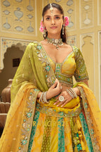 Mustard & Teal Panelled Ready-to-Wear Embroidered Lehenga with Jacquard Georgette Dupatta