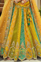 Mustard & Teal Panelled Ready-to-Wear Embroidered Lehenga with Jacquard Georgette Dupatta