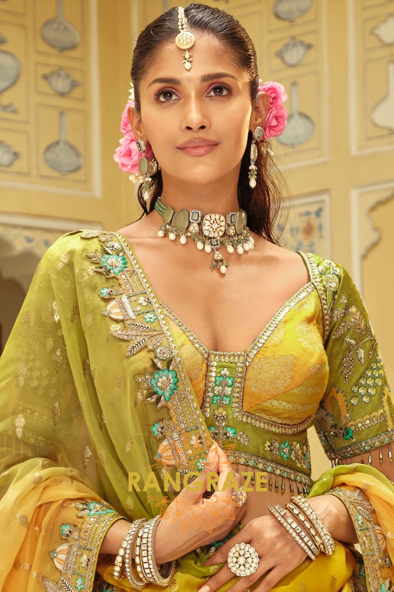 Mustard & Teal Panelled Ready-to-Wear Embroidered Lehenga with Jacquard Georgette Dupatta