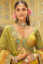 Mustard & Teal Panelled Ready-to-Wear Embroidered Lehenga with Jacquard Georgette Dupatta