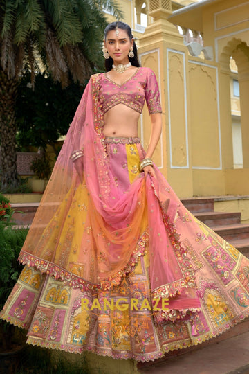 Dusty Rose Heritage Panelled Embroidered Bridal Lehenga with Traditional Motifs