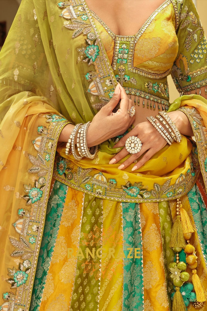 Mustard & Teal Panelled Ready-to-Wear Embroidered Lehenga with Jacquard Georgette Dupatta