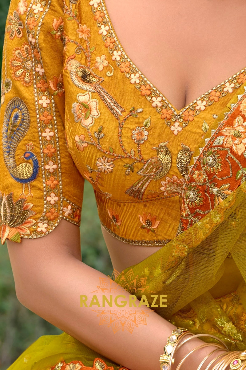 Mustard Heritage Embroidered Bridal Lehenga with Floral & Traditional Motifs