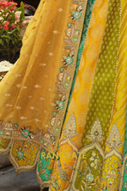 Mustard & Teal Panelled Ready-to-Wear Embroidered Lehenga with Jacquard Georgette Dupatta