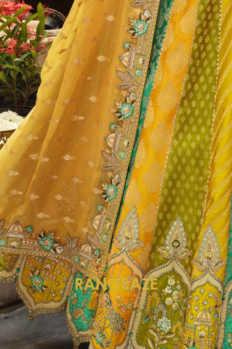 Mustard & Teal Panelled Ready-to-Wear Embroidered Lehenga with Jacquard Georgette Dupatta