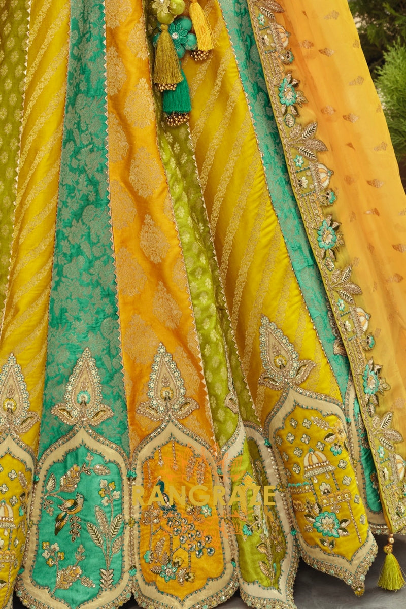 Mustard & Teal Panelled Ready-to-Wear Embroidered Lehenga with Jacquard Georgette Dupatta