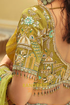 Mustard & Teal Panelled Ready-to-Wear Embroidered Lehenga with Jacquard Georgette Dupatta