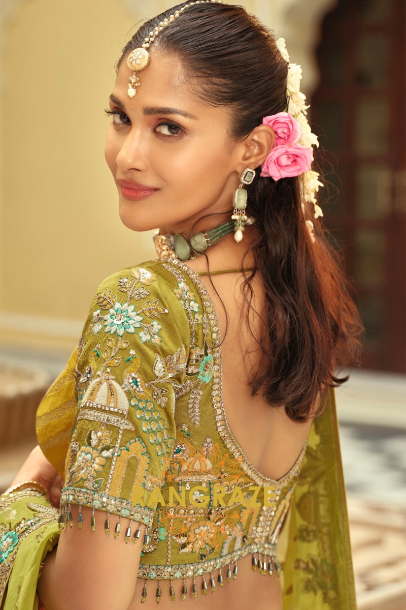 Mustard & Teal Panelled Ready-to-Wear Embroidered Lehenga with Jacquard Georgette Dupatta