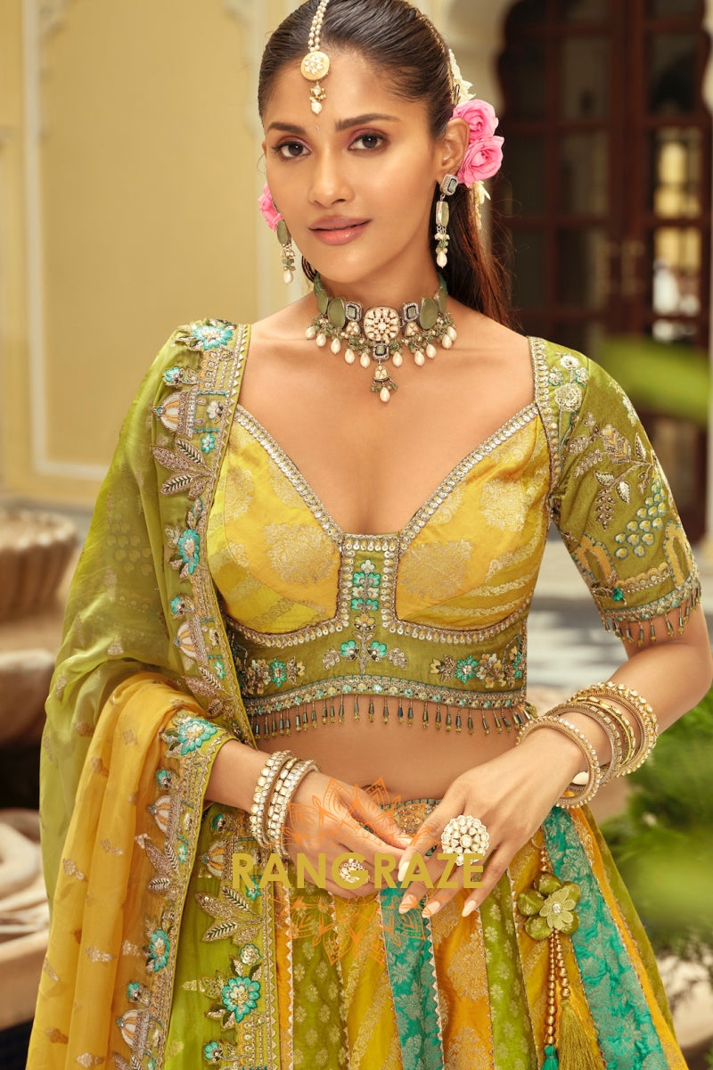 Mustard & Teal Panelled Ready-to-Wear Embroidered Lehenga with Jacquard Georgette Dupatta