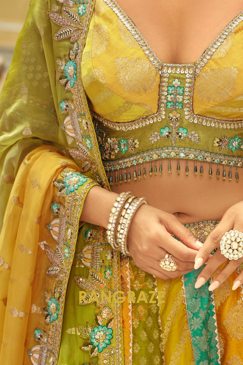 Mustard & Teal Panelled Ready-to-Wear Embroidered Lehenga with Jacquard Georgette Dupatta
