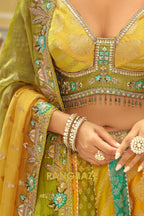 Mustard & Teal Panelled Ready-to-Wear Embroidered Lehenga with Jacquard Georgette Dupatta