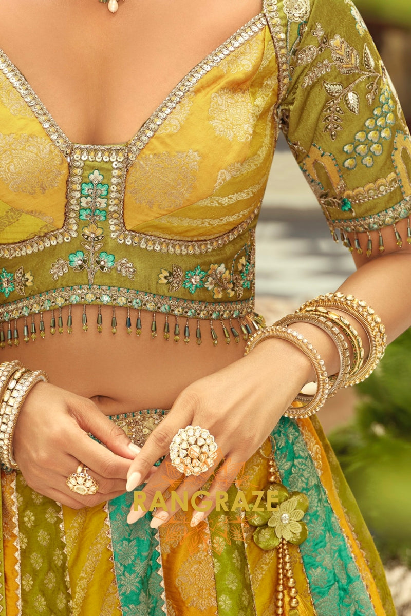 Mustard & Teal Panelled Ready-to-Wear Embroidered Lehenga with Jacquard Georgette Dupatta