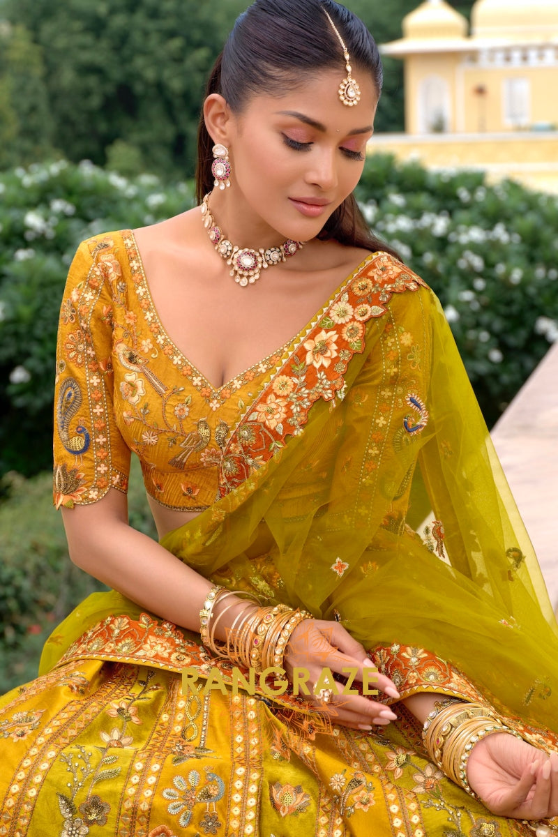 Mustard Heritage Embroidered Bridal Lehenga with Floral & Traditional Motifs